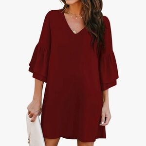 Women's Burgundy V-Neck Tiered Sleeve Mini Dress